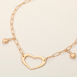 Brushed Metal Open Heart Pendant Bead Charm Paperclip Chain Necklace