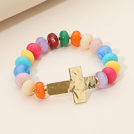 Hammered Polished Metal Cross Accent Resin Flat Disc Beaded Stretch Bracelet