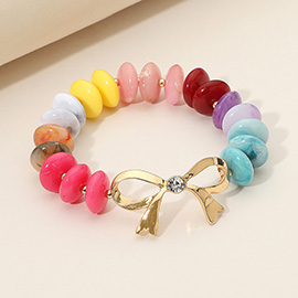 Stone Accent Metal Bow Accent Flat Resin Disc Beaded Stretch Bracelet
