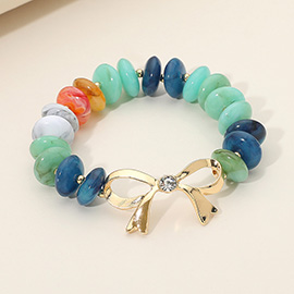 Stone Accent Metal Bow Accent Flat Resin Disc Beaded Stretch Bracelet