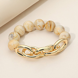 Metal Chain Link Accent Marbled Ball Beaded Stretch Bracelet
