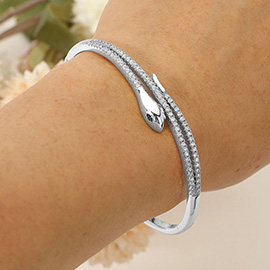 SECRET BOX_Stainless Steel Rhinestone Pave Sleek Snake Hinged Bangle Bracelet
