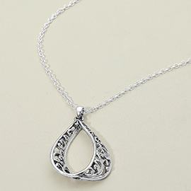 Antique Metal Filigree Ornate Open Teardrop Pendant Necklace