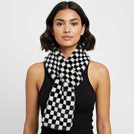 Faux Fur Plush Checkered Pull Through Scarf