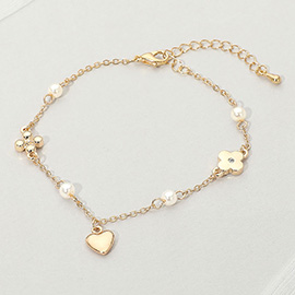 Metal Heart Charm Accent Floral Pearl Station Chain Bracelet