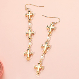 Metal Cross Pearl Link Long Drop Earrings
