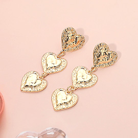 Hammered Metal Triple Heart Drop Earrings