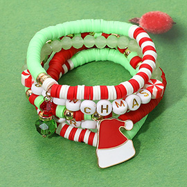 5PCS - MERRY CHRISTMAS Santa Hat Heishi Faceted Beaded Stretch Multi Layered Bracelets