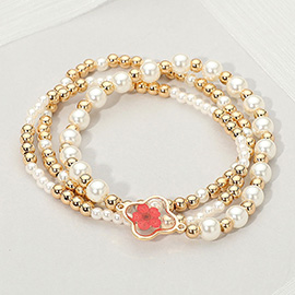 3PCS - Floral Accent Pearl Metal Ball Beaded Stretch Multi Layered Bracelets