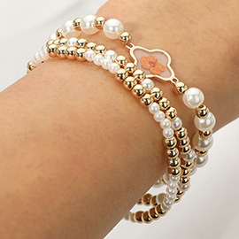 3PCS - Floral Accent Pearl Metal Ball Beaded Stretch Multi Layered Bracelets