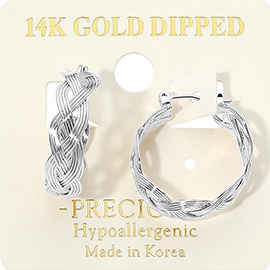 14K Gold Dipped Hypoallergenic Textured Braided Pin Catch Hoop Earrings