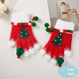 Pom Pom Trim Christmas Tree Accent Smart  Touch Gloves