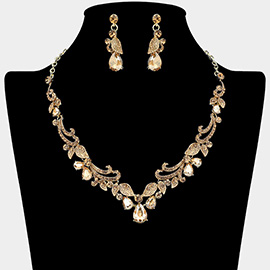 Teardrop Stone Cluster Embellished Rhinestone Paved Leaf Vine Necklace