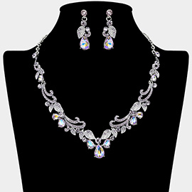Teardrop Stone Cluster Embellished Rhinestone Paved Leaf Vine Necklace