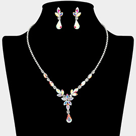 Teardrop Stone Accent Marquise Flower Stone Cluster Rhinestone Paved Necklace