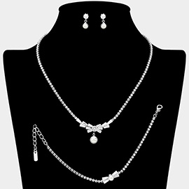 CZ Baguette Stone Cluster Bow Pearl Dangle Pendant Accent Rhinestone Paved Jewelry Set