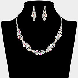 Teardrop Cluster Rhinestone Paved Leaf Necklace