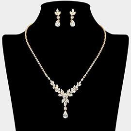 CZ Teardrop Cluster Accent Marquise Floral Cluster Rhinestone Paved Necklace