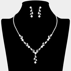 Pearl CZ Stone Leaf Cluster Rhinestone Paved Y Shape Necklace