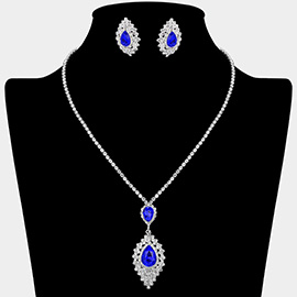 Teardrop Stone Center Rhinestone Paved Pendant Accent Necklace