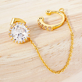 Gold Dipped Round CZ Stone Accent Chain Ear Cuff Earrings