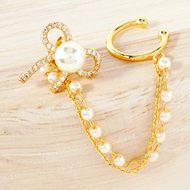 Gold Dipped Pearl Accent CZ Stone Paved Bow Chain Ear Cuff Earrings