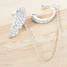 White Gold Dipped CZ Stone Paved Angel Wing Chain Ear Cuff Earrings