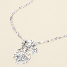 Stone Paved Moon and Star Evil Eye Celestial Charm Pendant Necklace