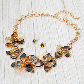 Stone Accent Resin Metal Cutout Floral Link Statement Necklace