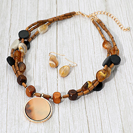 Boho Round Resin Pendant Accent Wood Beaded Layered Statement Necklace