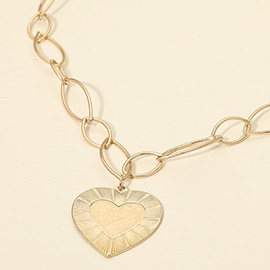 Bold Textured Heart Pendant Oval Link Chain Necklace