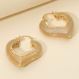 Puffy Metal Filigree Heart Pin Catch Hoop Earrings