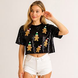 Gingerbread Man Pattern Sequin Holiday Party Shirt