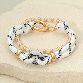 2PCS - Floral Print Ceramic Ring Accent Rope Facete Beaded Multi Layered Bracelets