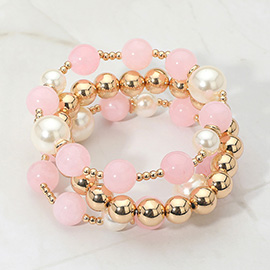 3PCS - Round Pearl Mixed Beaded Stretch Multi Layered Bracelets