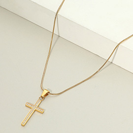 18K Gold Dipped Stainless Steel Stone Paved Cross Pendant Necklace