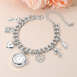 Silver Dipped Key Lock Heart Love Bottle Glass Charm Watch Bracelet