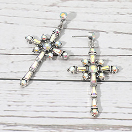 Geometric Stone Cluster Embellished Cross Dangle Statement Earrings