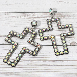 Oversized Rhinestone Cluster Embellished Open Cross Dangle Statement Earrings