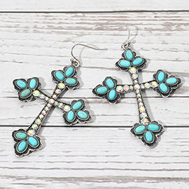 Boho Stone Embellished Cross Dangle Statement Earrings