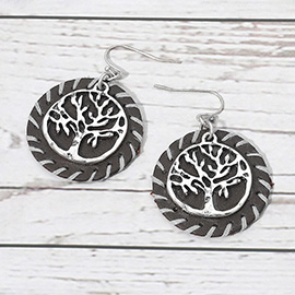 Stitched Faux Leather Layered Metal Tree of Life Dangle Earrings