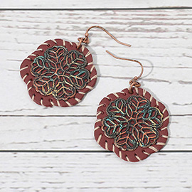 Stitched Faux Leather Layered Metal Floral Dangle Earrings