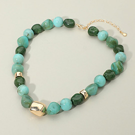 Chunky Metal Accent Resin Pebble Beaded Statement Necklace