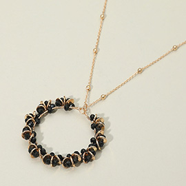 Metal Disc Faceted Beaded Open Ring Pendant Long Necklace