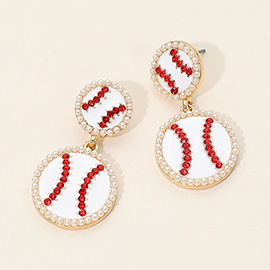 Pearl Rhinestone Embellished Double Baseball Link Drop Earrings