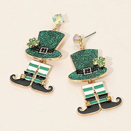 Glitter Enamel Festive Leprechaun Hat Boot Dangle Earrings