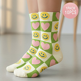 10Pairs - Smile Face Heart Pattern Printed Socks