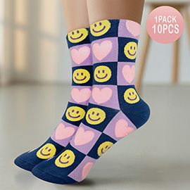 10Pairs - Smile Face Heart Pattern Printed Socks