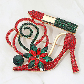 Rhinestone Embellished Flower Accent Glam High Heel Lipstick Pin Brooch