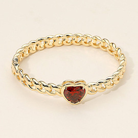 Heart CZ Stone Accent Hinged Chain-Link Bangle Bracelet